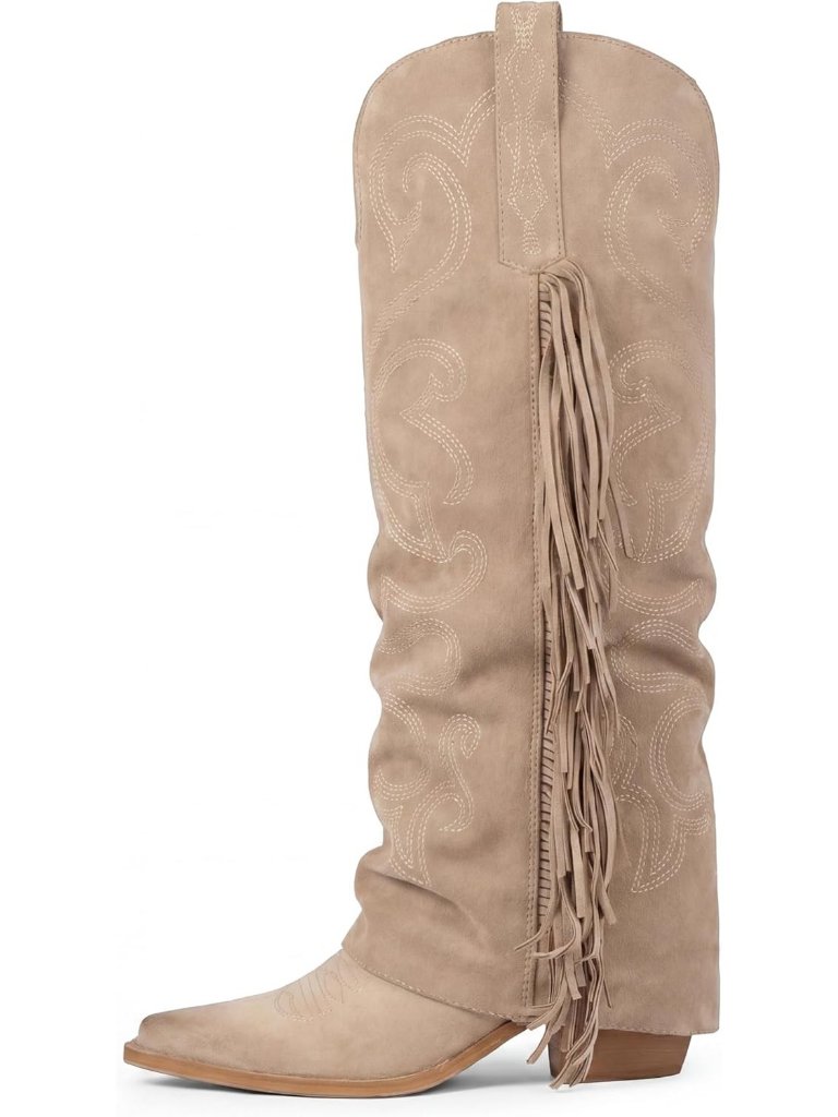 Women's Nude Cowgirl Pointy Toe Chunky Block Western Embroidery High Heel Boots